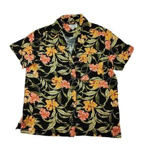 Kensie‎ Tropical Floral Hawaiian  Shirt Black Orange Yellow Short Sleeve Size S